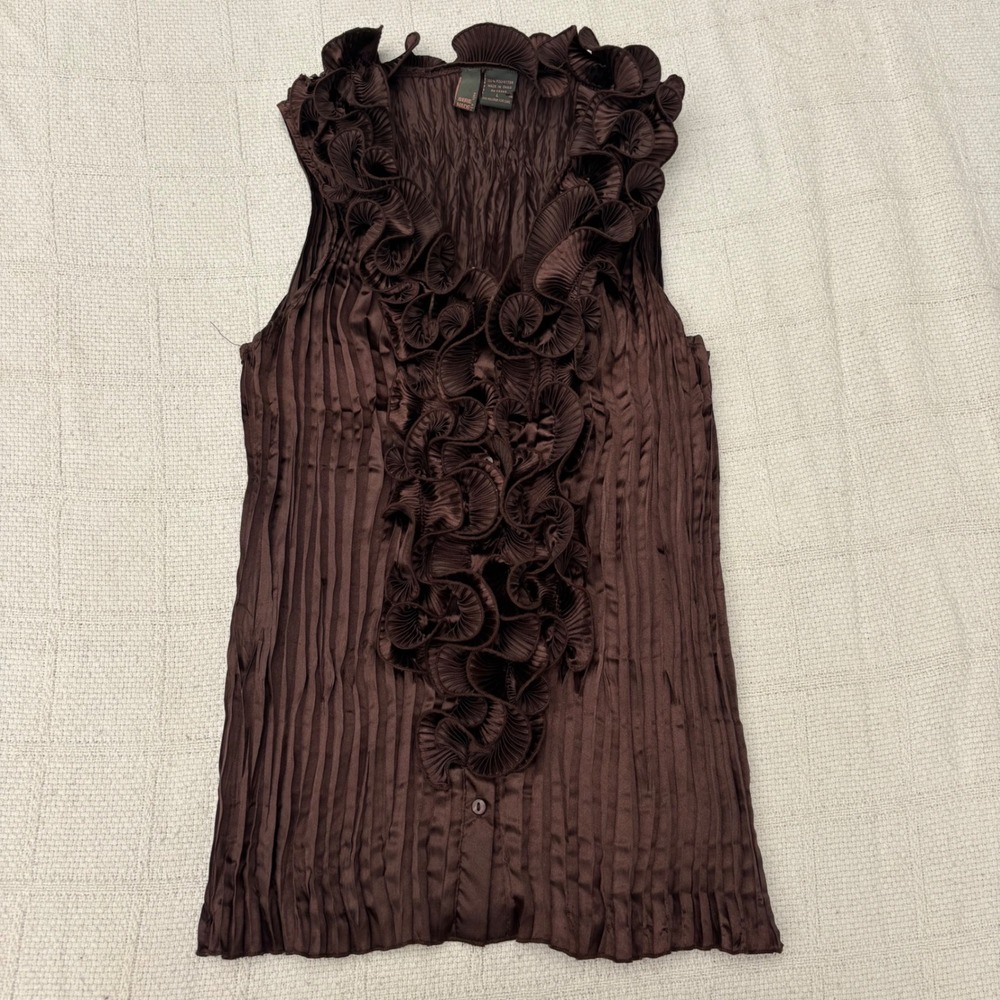 Women's Large Vintage 90's Y2K SERE NADE Brown Pleated Ruffle Sleeveless Blouse